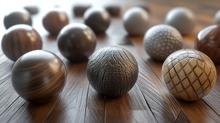 Poster - Wooden and Textured Spheres on a Wooden Surface