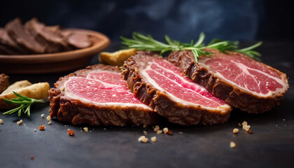 Juicy slices of roasted beef on a dark surface with fresh herbs and seasonings ready for a delicious meal preparation