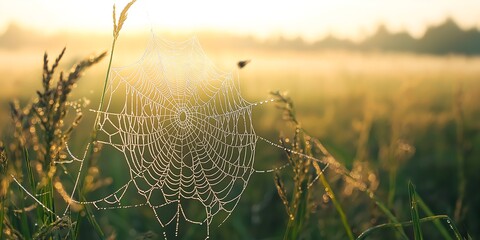 morning dew on the grass, Macro Photography of Dew-Dropped Spider Webs in a Misty Morning Field 