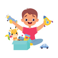 Poster - Boy Character Play Toy Sitting on Floor Vector Illustration