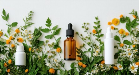 Poster - Natural skincare products surrounded by fresh herbs and flowers on a light background