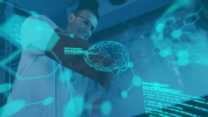  - Scientist working with holographic brain and molecular structure animation