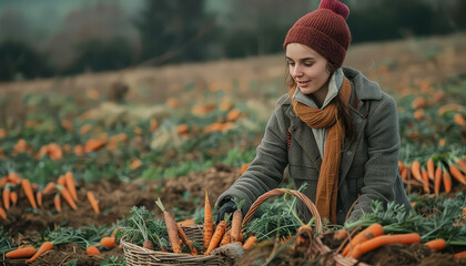 Wall Mural - A woman is picking carrots in a field