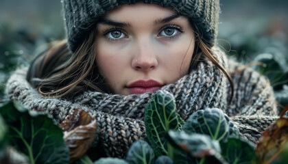 Wall Mural - A woman wearing a hat and scarf is surrounded by green leaves