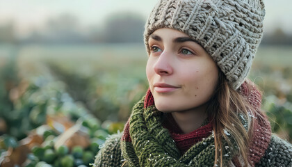 Wall Mural - A woman wearing a green scarf and a white hat is standing in a field