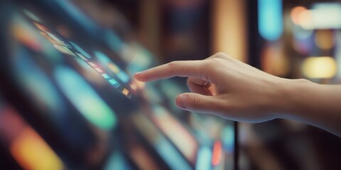 Person's hand pressing button on touch screen in dimly lit casin