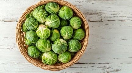 Wall Mural - Fresh green Brussels sprouts arranged neatly in a rustic wicker basket on a wooden table