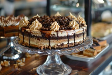 Wall Mural - Mouthwatering chocolate cake with coffee beans and butter cream frosting sitting on a glass cake stand in a bakery