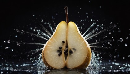 Poster - A Halved Pear with Water Splashing Around It