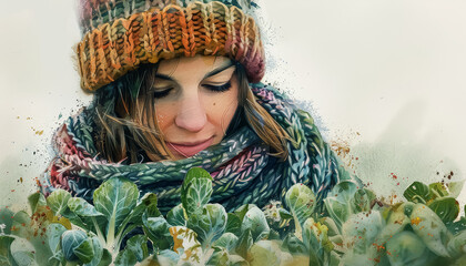 Wall Mural - A woman is looking at a bunch of green vegetables