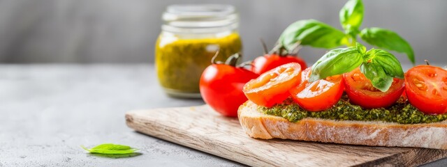 Wall Mural -  A wooden cutting board holds a slice of bread smothered in pesto, accompanied by tomatoes and a jar of the green sauce