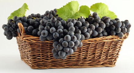 Wall Mural - Freshly harvested black grapes in a woven basket on a light background