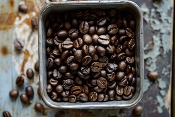 Sticker - Freshly roasted coffee beans overflowing a small metal container on a blue rustic surface