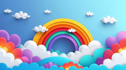 Colorful Rainbow and Cloudscape with Flowers in a Paper Art Style