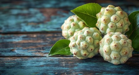 Wall Mural - Fresh tropical cherimoyas arranged on a green plate with leaves on a wooden surface