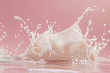 Poster - Milk is splashing on a pink background, creating bubbles and a dynamic shape