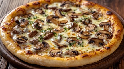 Wall Mural - Delicious mushroom pizza served on a rustic wooden table in a cozy setting