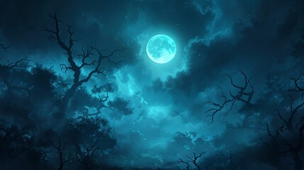 Wall Mural - A Full Moon Illuminates a Dark and Mysterious Forest