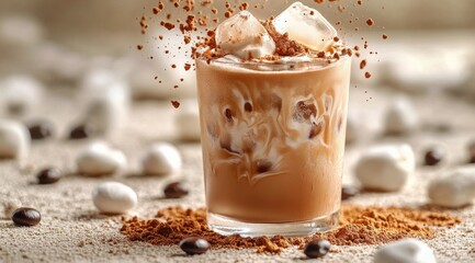 Sticker - Iced coffee with ice cubes and coffee beans on a rustic wooden table in soft lighting