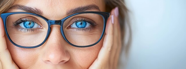 Wall Mural -  A tight shot of a woman's face, her blue eyes are expressive behind the lenses of her glasses