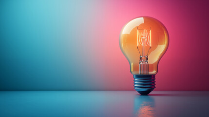 Illuminated light bulb against colorful gradient background. Concept of creativity and innovation.