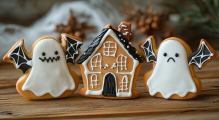 Delightful Halloween-themed cookies shaped like ghosts and a haunted house on a rustic wooden table