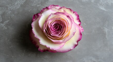 A beautifully arranged pink and white rose on a textured gray surface in soft natural light