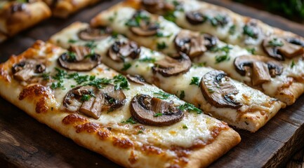 Wall Mural - Deliciously cheesy pizza topped with fresh mushrooms on a rustic wooden table