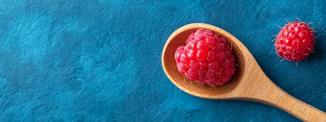  A wooden spoon holds a cluster of raspberries on a blue surface Another wooden spoon rests nearby, bearing two raspberries atop it