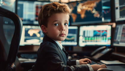 Wall Mural - A young boy is sitting at a desk in front of a computer monitor