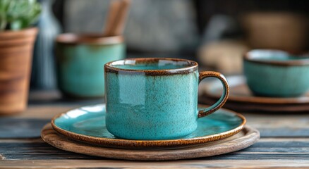 Beautifully crafted teal ceramic cup and plates arranged artistically for a dining display