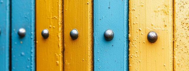 Wall Mural -  A row of lockers in blue, yellow, and green hues, adorned with rivets