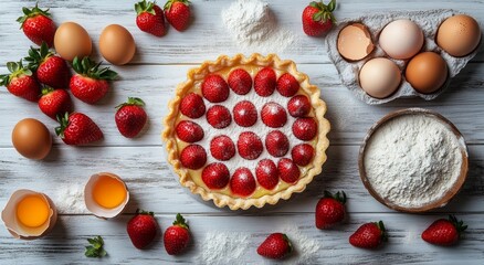 Preparing fresh strawberry tart with ingredients on a rustic wooden table in a kitchen