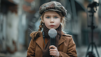 Wall Mural - A young girl is holding a microphone and smiling