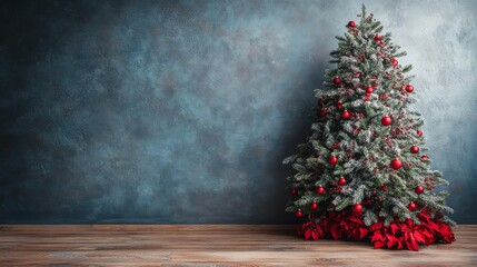 Wall Mural - Festively decorated Christmas tree in a cozy living room with a rustic wooden floor