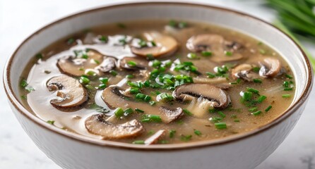 Wall Mural - Warm bowl of savory mushroom soup garnished with green onions ready for serving