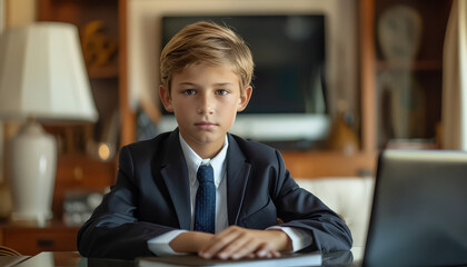 Wall Mural - A young boy in a suit and tie sits at a desk with a laptop