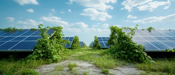 Wall Mural - Overgrown solar panels, forgotten and overtaken by nature, symbolizing the sustainability issues and waste disposal challenges in renewable energy