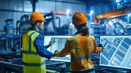 Wall Mural - Engineers monitoring automated production lines in a factory, showcasing the precision and efficiency of modern technology.