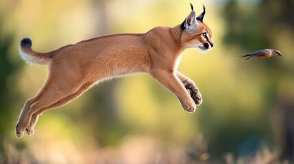 Caracal leaps through the air to catch a bird, demonstrating agility and precision in wildlife.