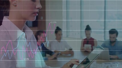 Poster - Financial data and stock market trends animation over business meeting in office