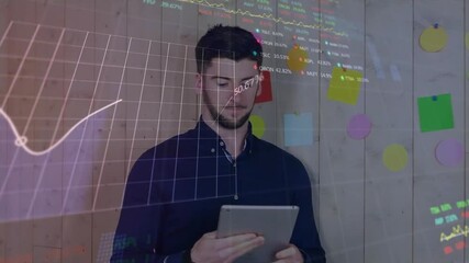 Poster - analyzing financial data on tablet, man with stock market charts over animation