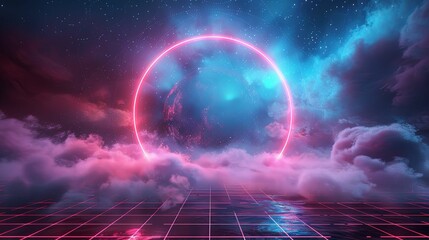 A Pink Neon Ring in a Cosmic Landscape with Clouds and a Gridded Floor