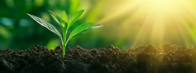 Poster -  A tiny green plant emerges from the earth before a radiant sunburst backdrop