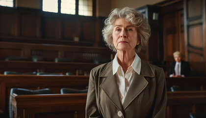 Sticker - A woman in a suit is giving a speech in a courtroom