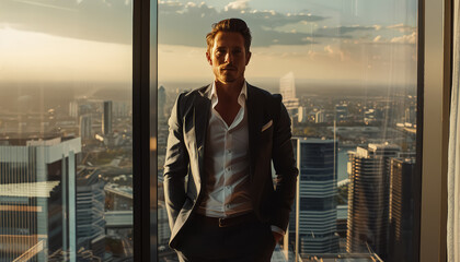 Wall Mural - A man in a suit stands in front of a window looking out at the city