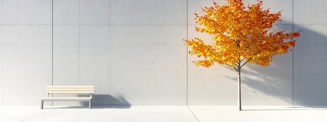 Canvas Print -  A bench sits in front of a wall, featuring a tree centrally placed behind it, casting a shadow on the wall