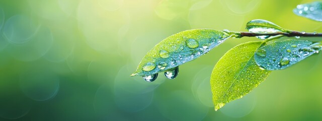 Poster -  A tight shot of a wet leaf with drops of water clinging to its surface, against a backdrop of soft, green bokeh  created by sunlight