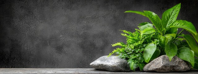 Wall Mural -  A group of rocks adjacent to a plant atop a wooden table, facing a gray wall