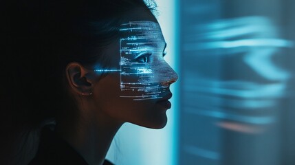 Canvas Print - Businesswoman with binary code projection on face is thinking in a dark office at night